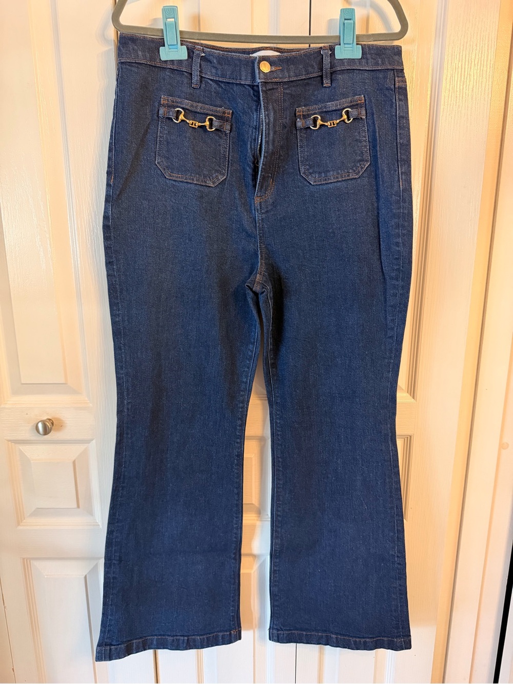 LOFT Dark Blue Flare Jeans with Gold-Tone Pocket Hardware SZ 14
